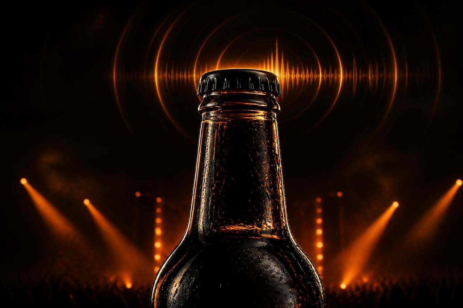 A premium bottle on a dark stage with glowing sound waves